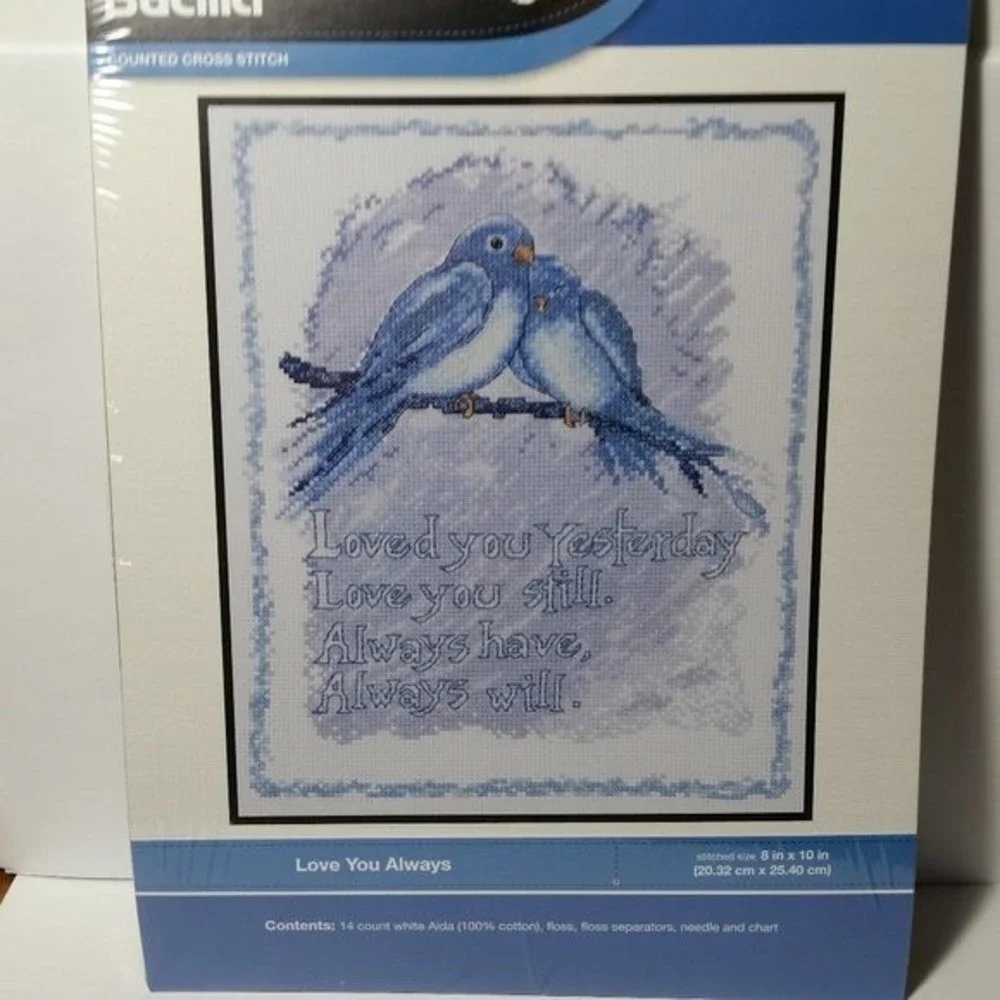 Cross Stitch Kit Love Birds Love You Always Blue
